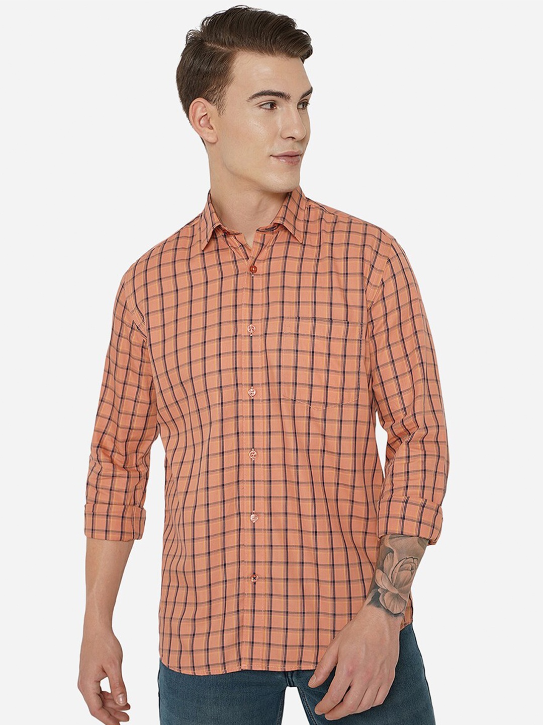 

JADE BLUE Men Orange Slim Fit Tartan Checked Casual Shirt