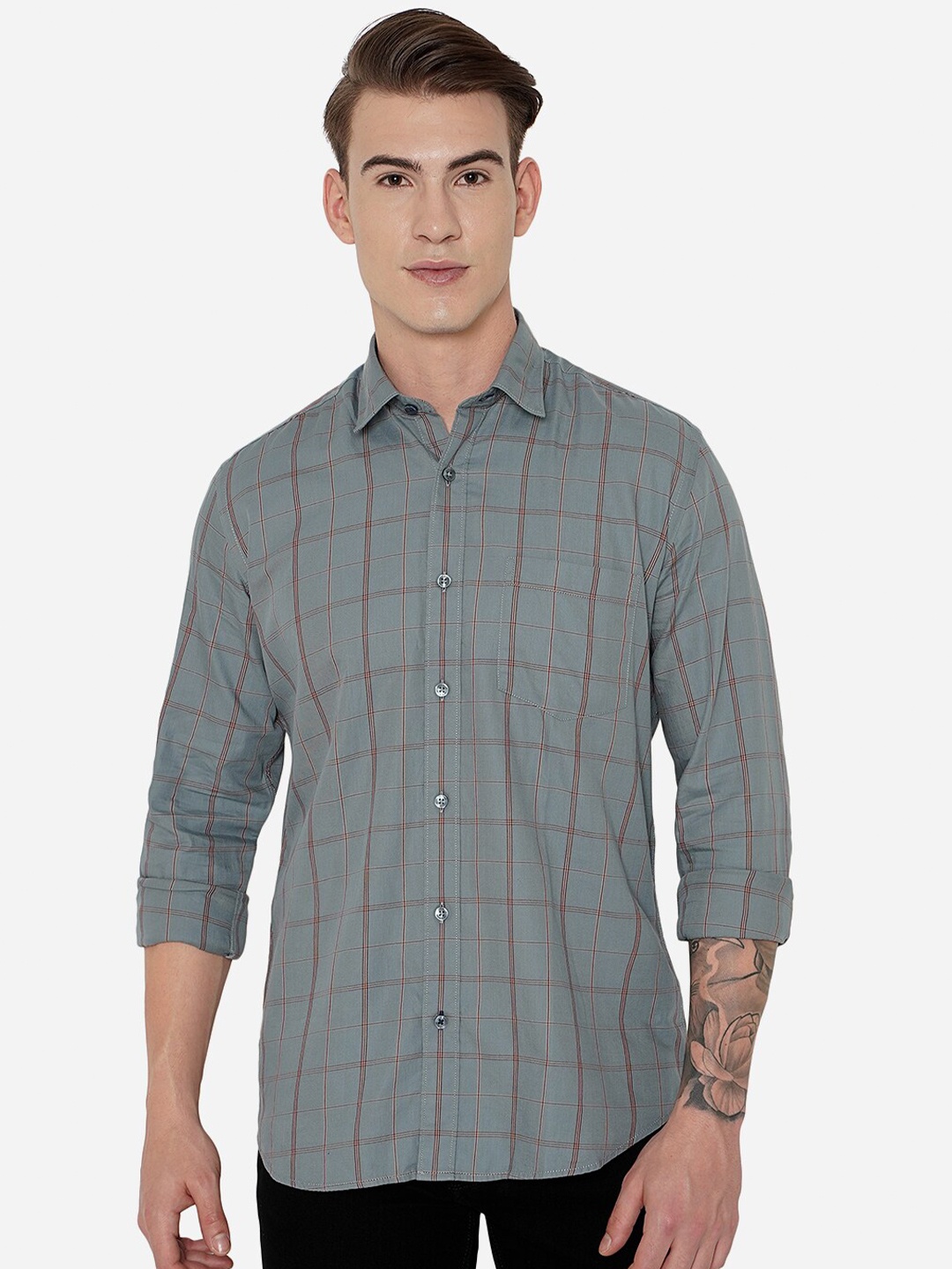 

JADE BLUE Men Grey Slim Fit Checked Pure Cotton Casual Shirt