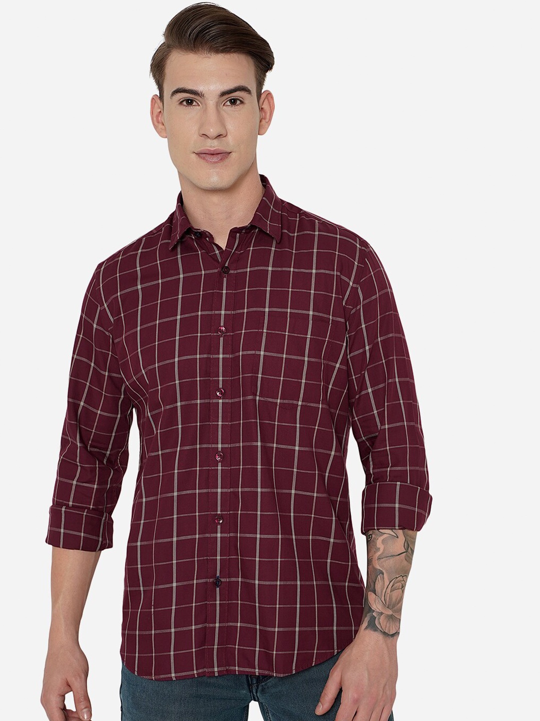 

JADE BLUE Men Slim Fit Grid Tattersall Checked Pure Cotton Casual Shirt, Maroon