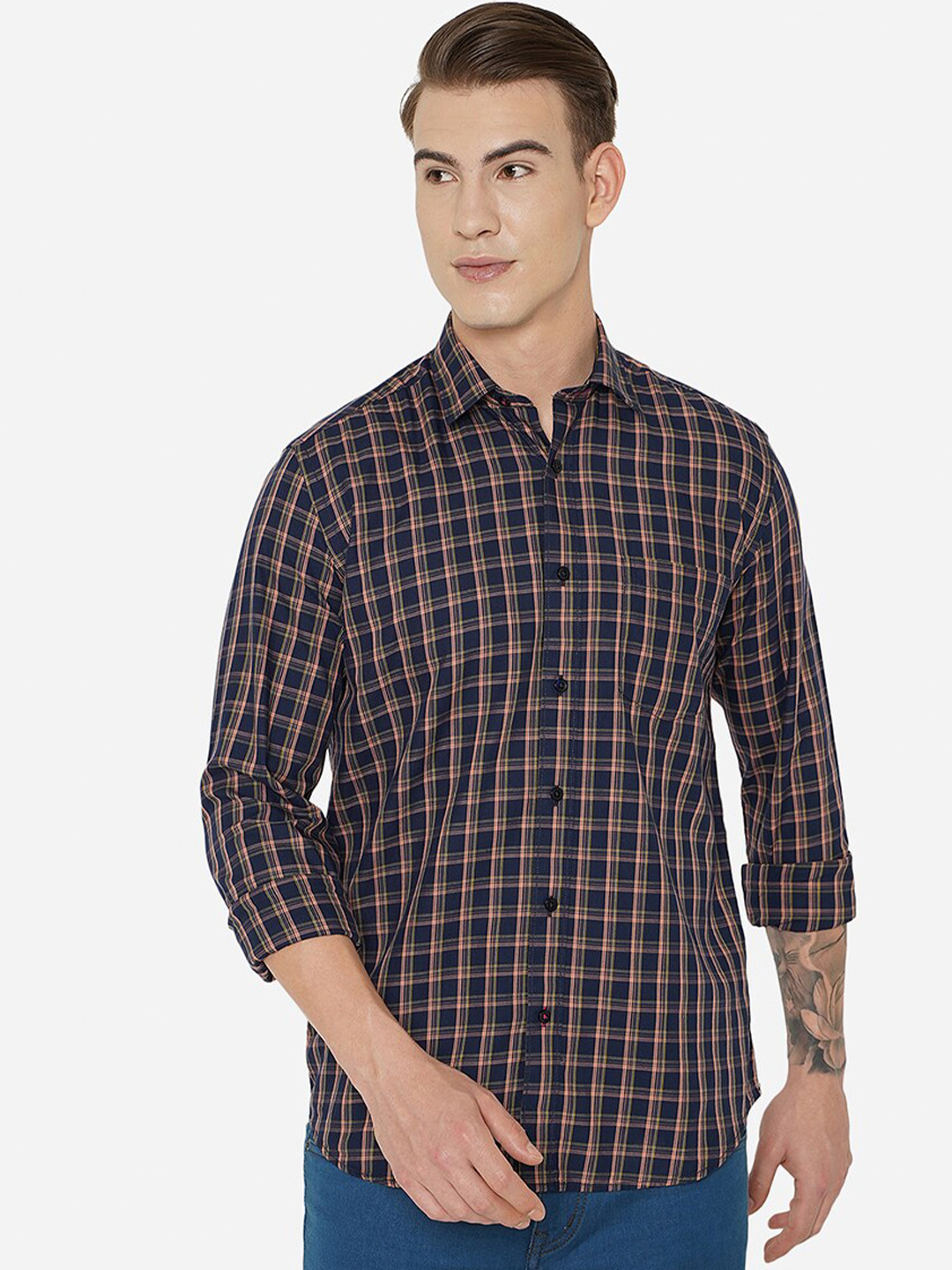 

JADE BLUE Men Navy Blue Slim Fit Checked Pure Cotton Casual Shirt