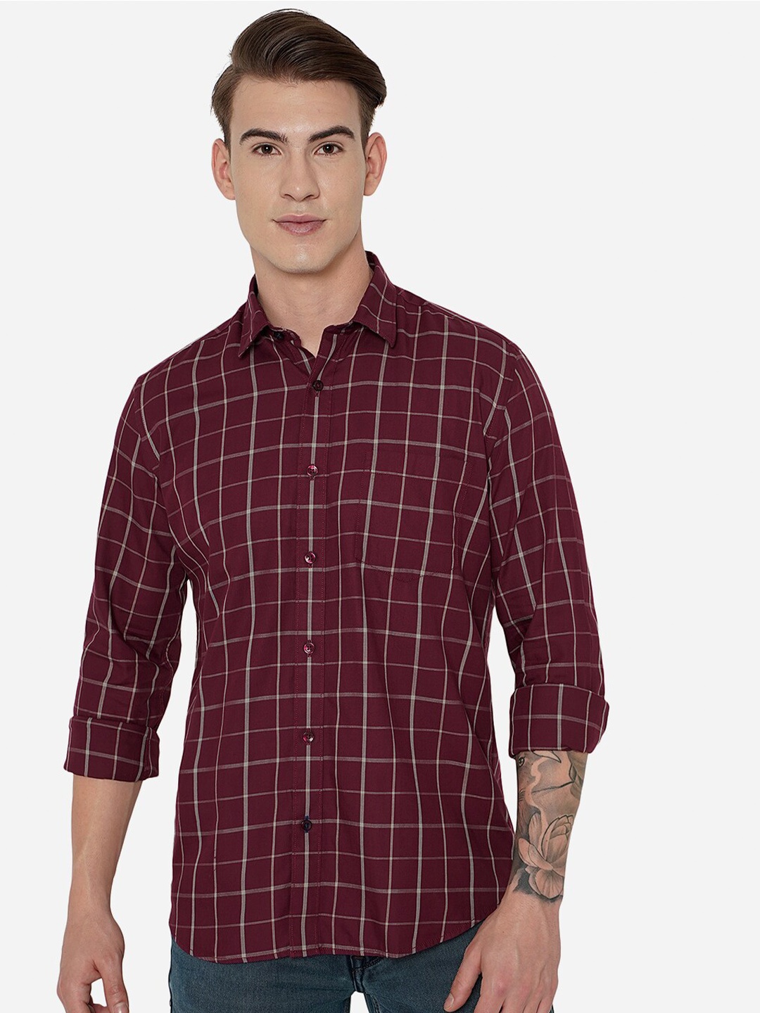 

JADE BLUE Men Maroon Slim Fit Grid Tattersall Checked Pure Cotton Casual Shirt