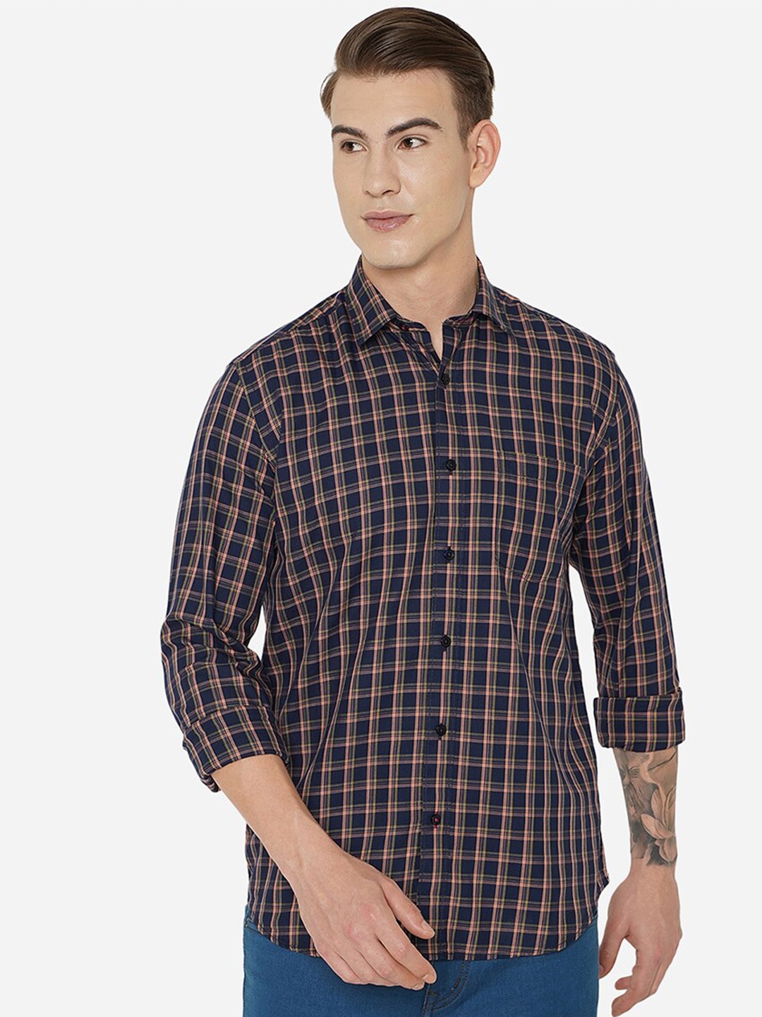 

JADE BLUE Men Slim Fit Checked Pure Cotton Casual Shirt
