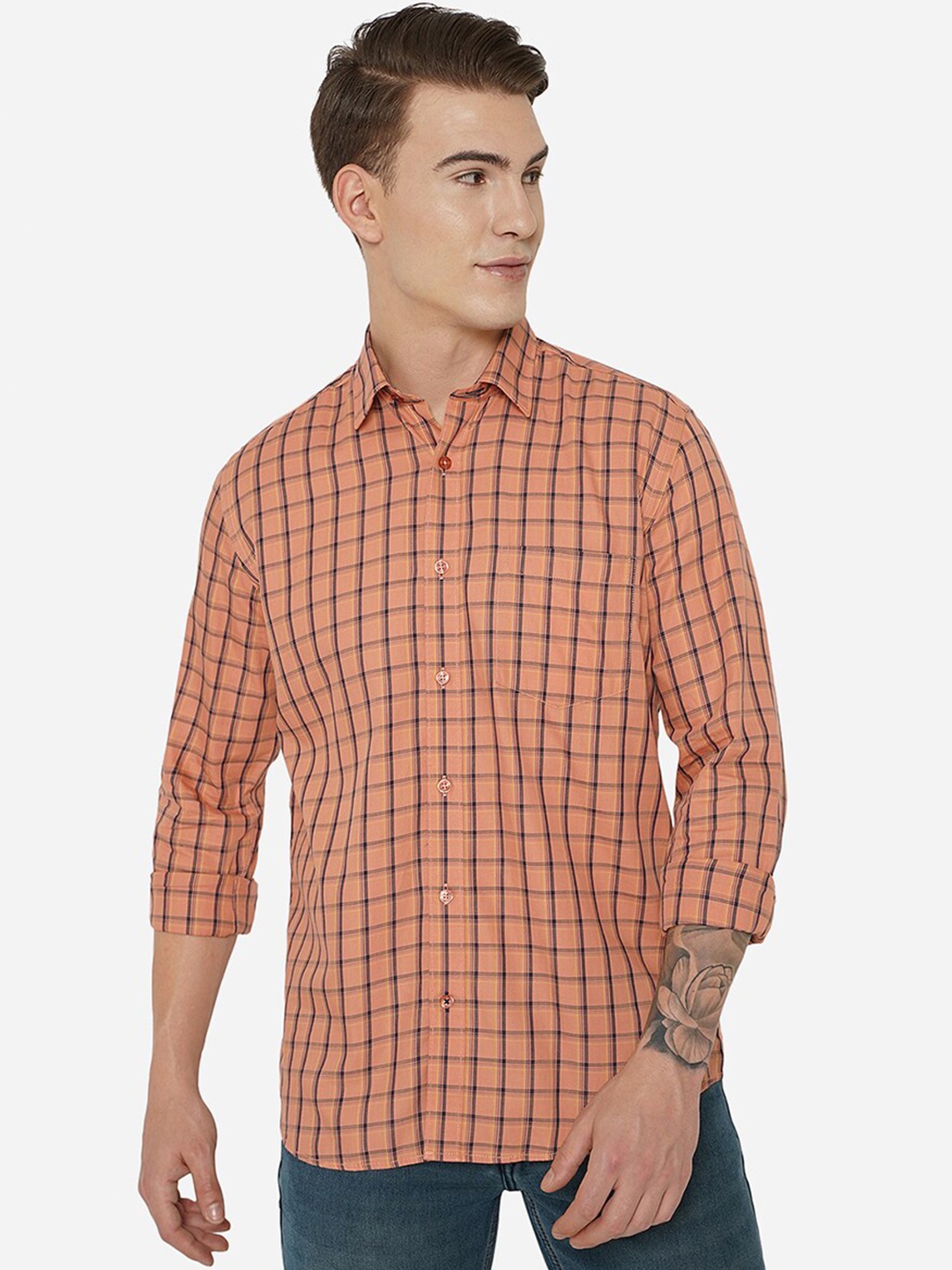 

JADE BLUE Men Orange Slim Fit Tartan Checks Checked Casual Shirt