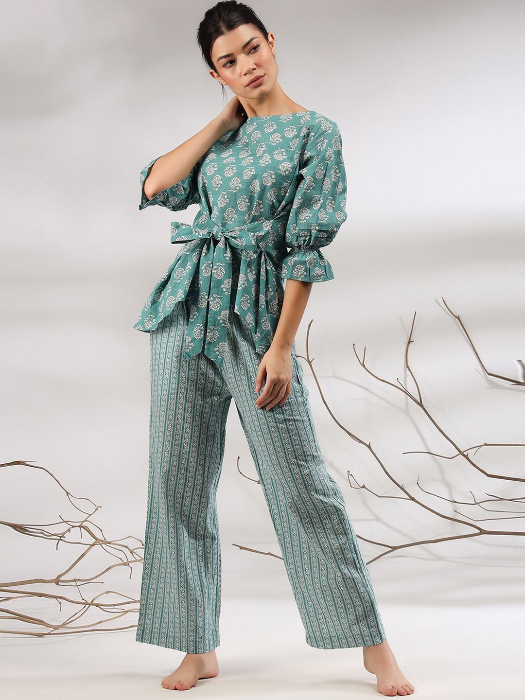 

JISORA Women Teal-Blue Printed Pure Cotton Co-Ords