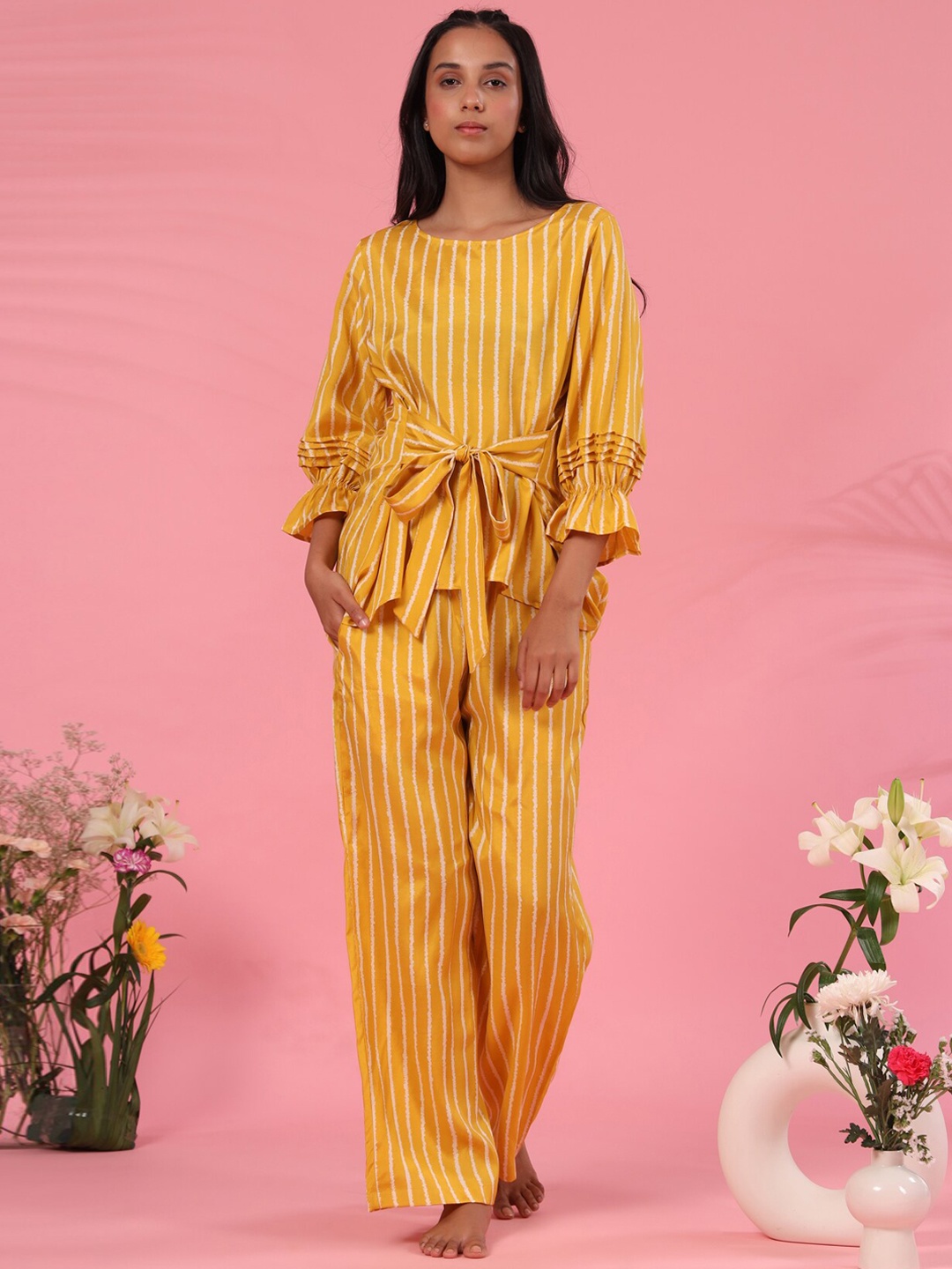 

JISORA Women Mustard-Yellow & White Striped Silk Co-Ords