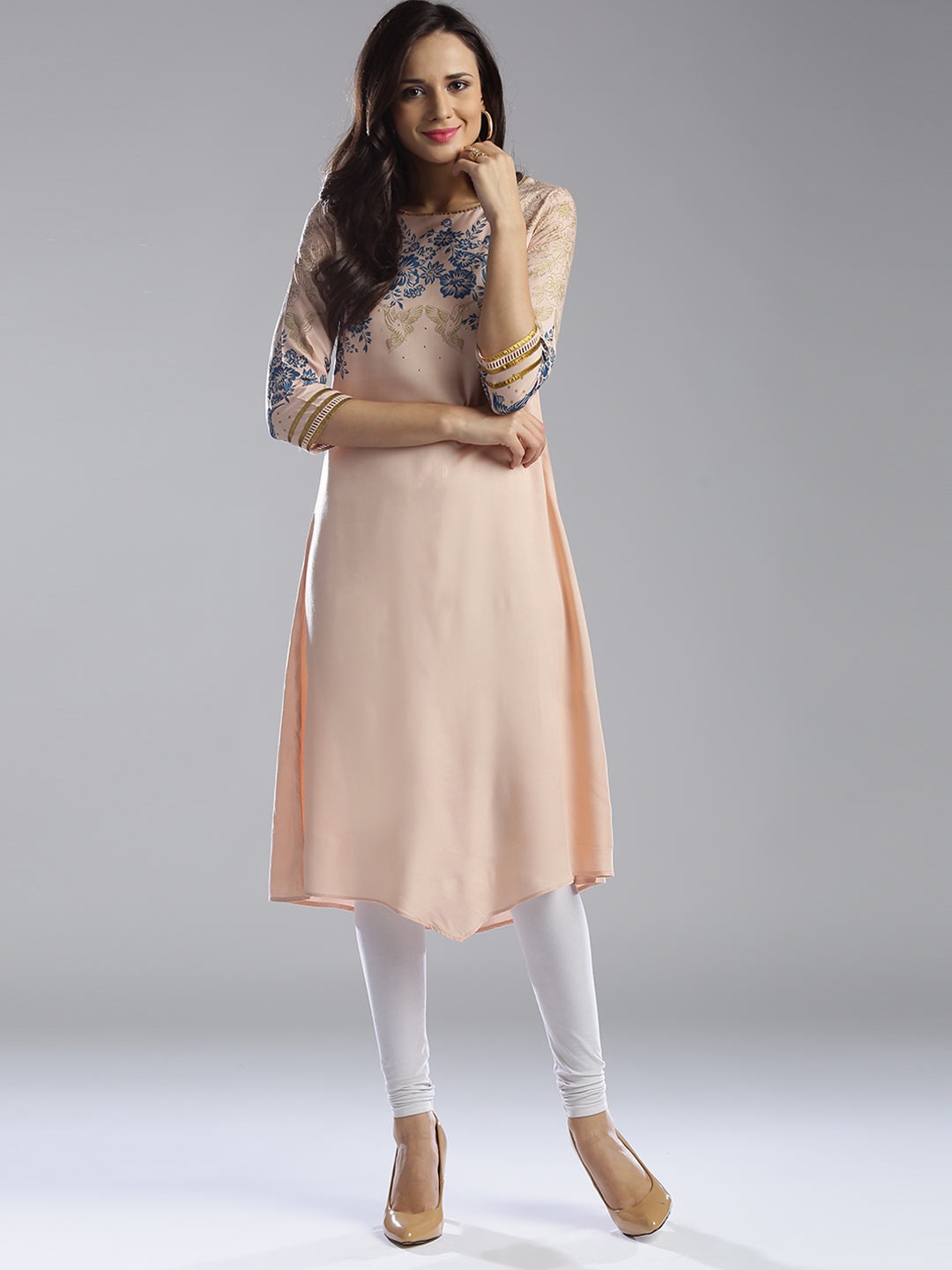 

W Women Peach-Coloured Printed Asymmetrical Hem A-Line Kurta