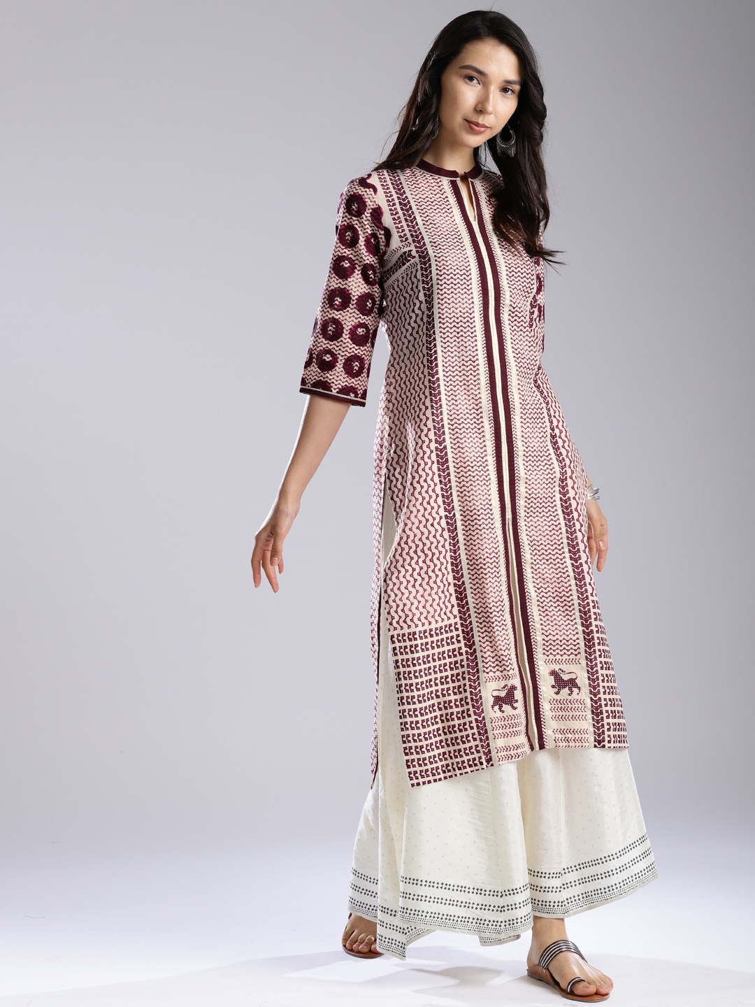 

W Women Cream-Coloured & Purple Printed Straight Kurta