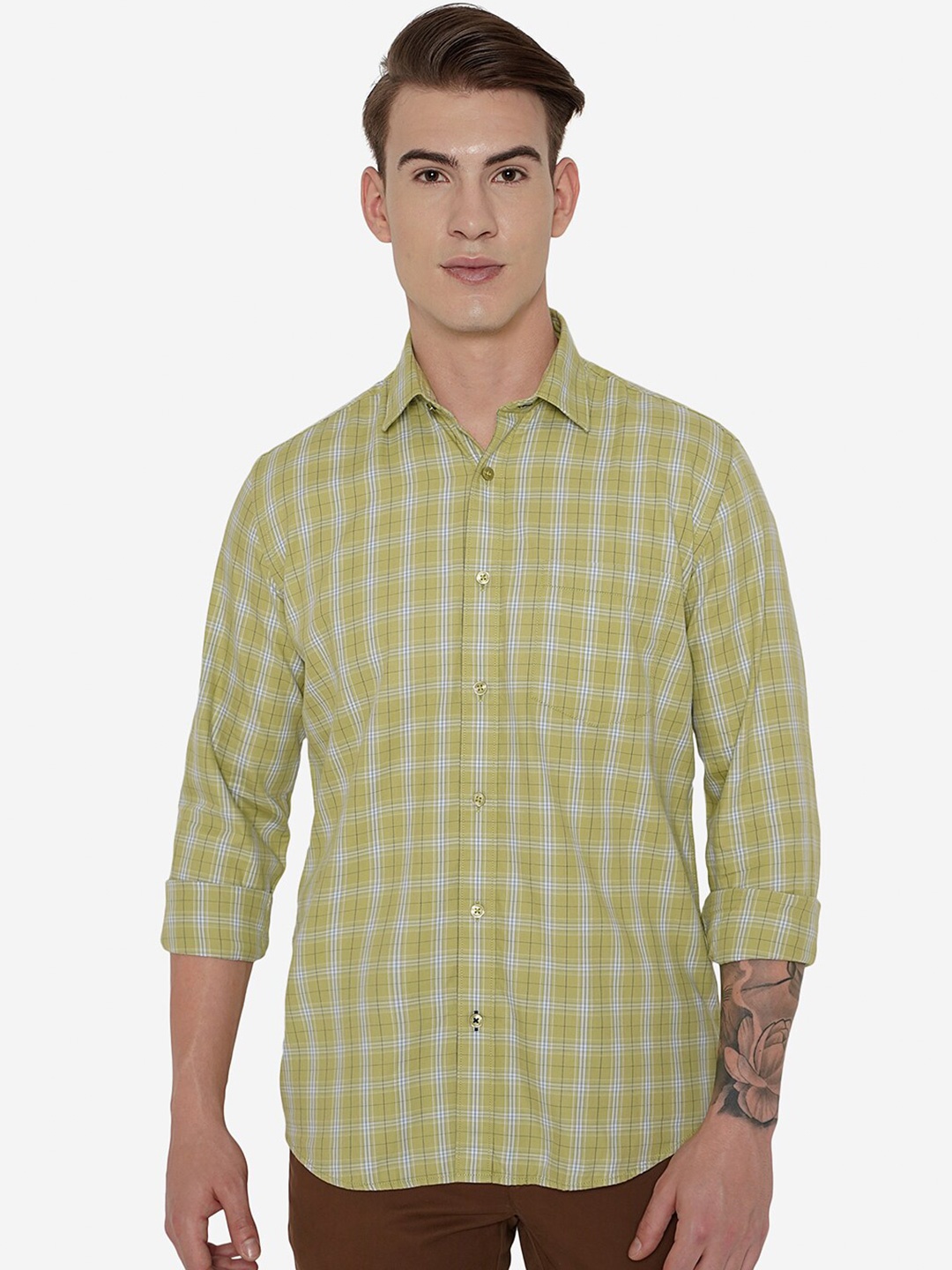 

Greenfibre Men Green Slim Fit Checked Casual Shirt