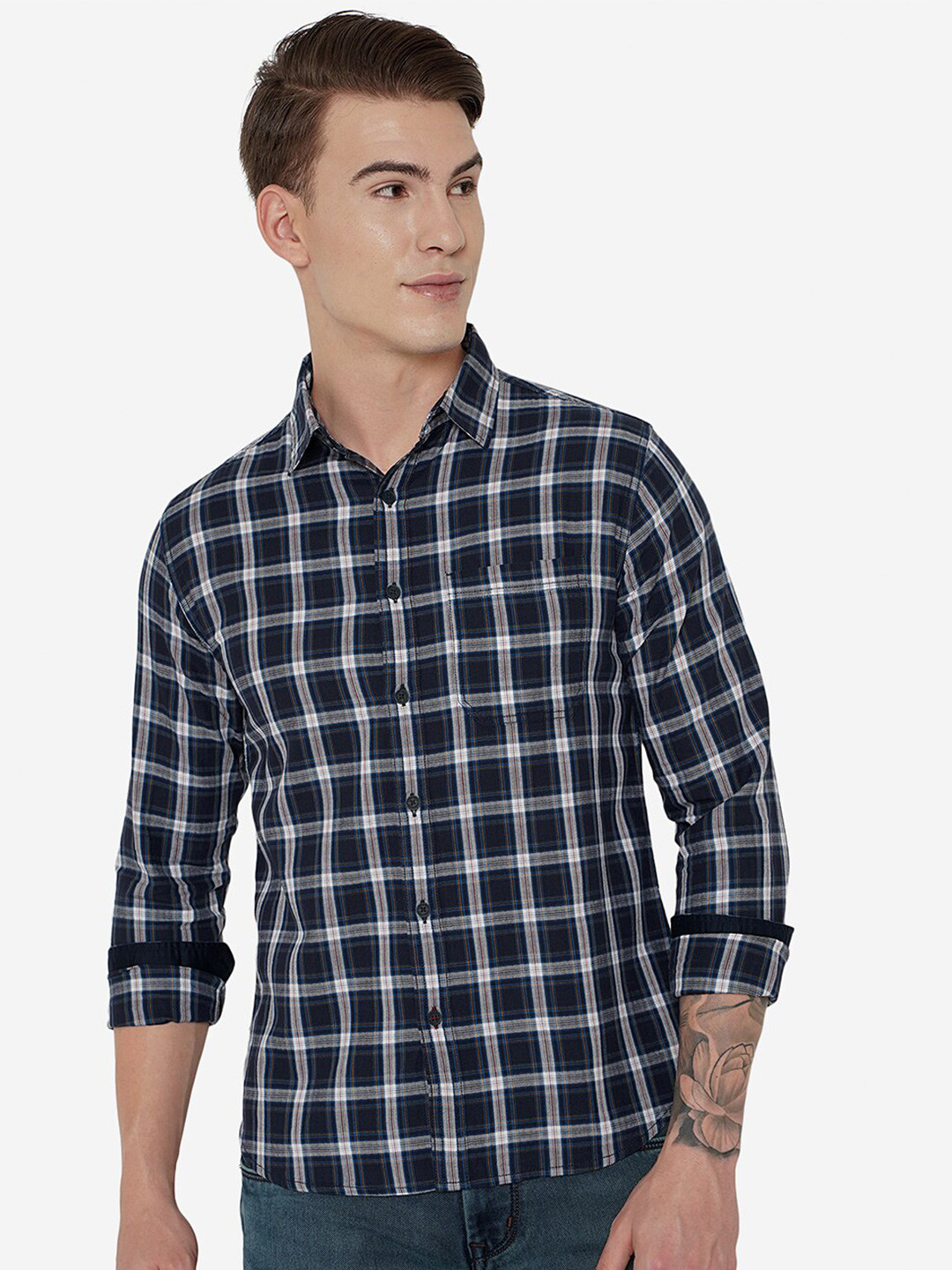 

Greenfibre Men Blue Slim Fit Tartan Checks Checked Casual Shirt