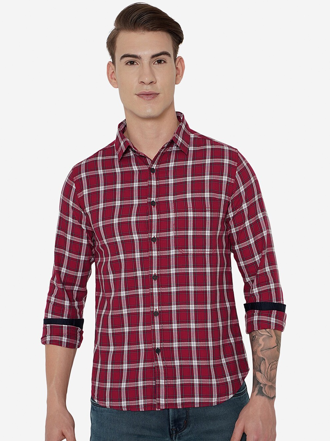 

Greenfibre Men Red Slim Fit Grid Tattersall Checks Checked Casual Shirt