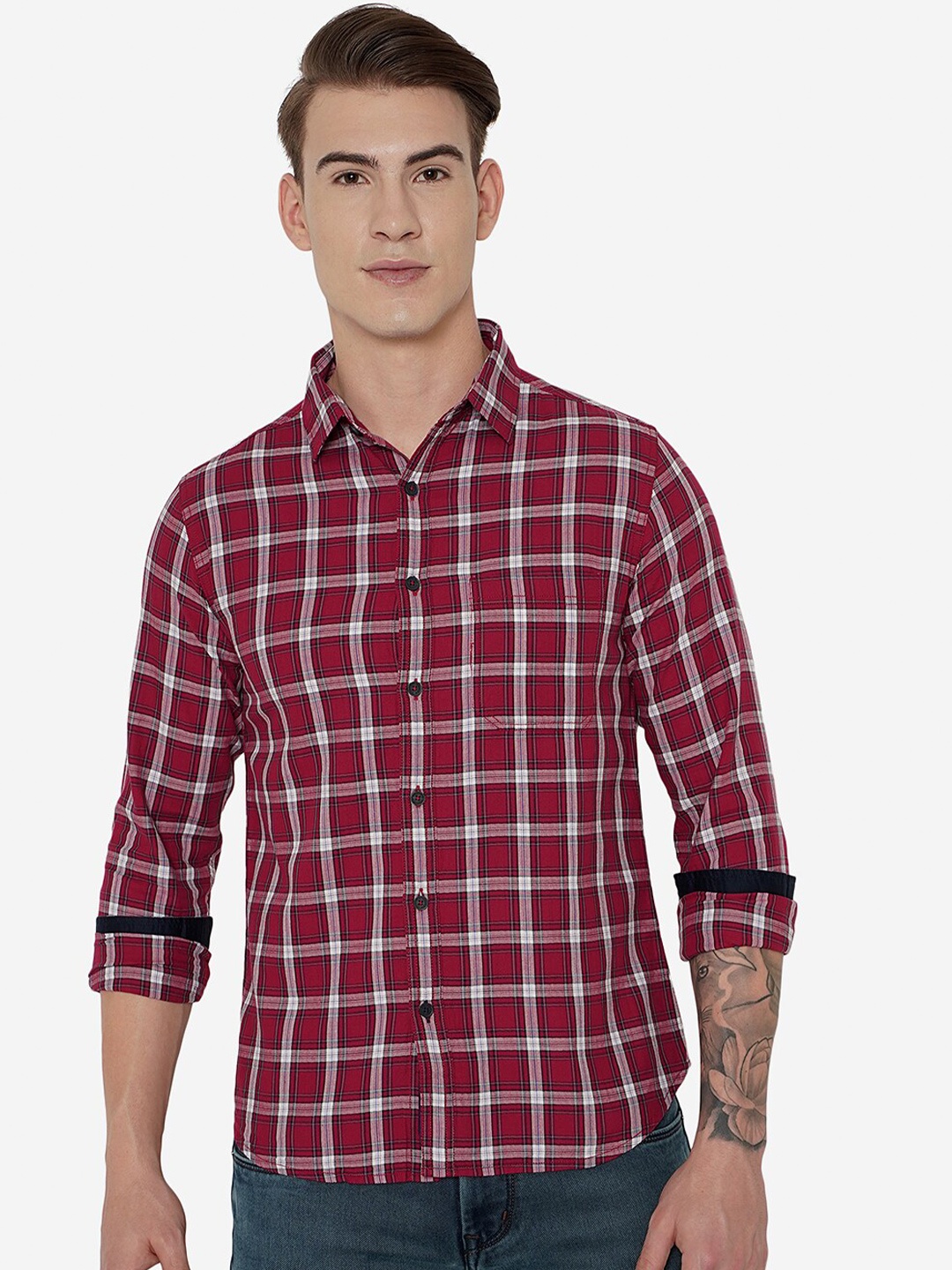 

Greenfibre Men Red Slim Fit Grid Tattersall Checks Checked Casual Shirt