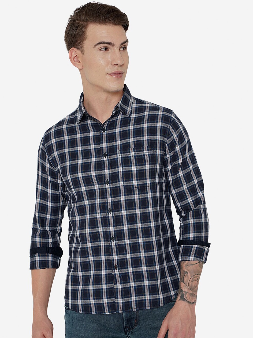 

Greenfibre Men Blue Slim Fit Tartan Checks Checked Casual Shirt