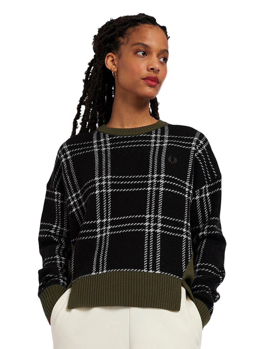 

Fred Perry Women Black & Off White Checked Pullover with Applique Detail