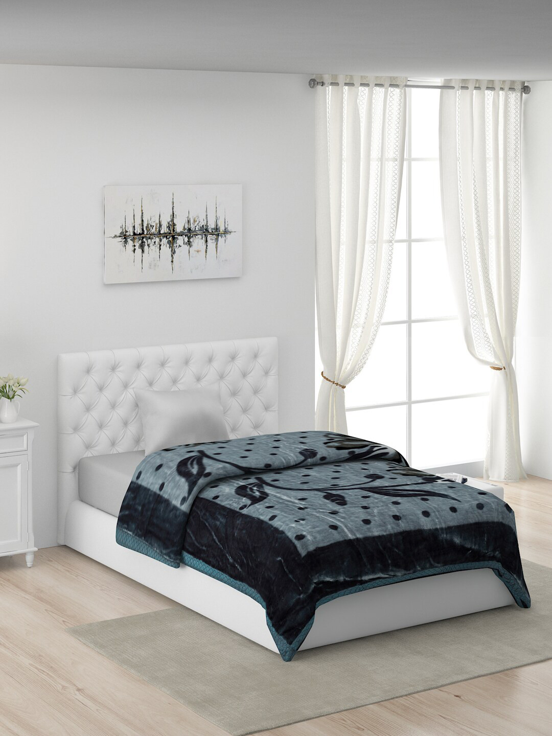 

Monte Carlo Blue & Black Polyester Floral AC Room Single Bed Mink Blanket