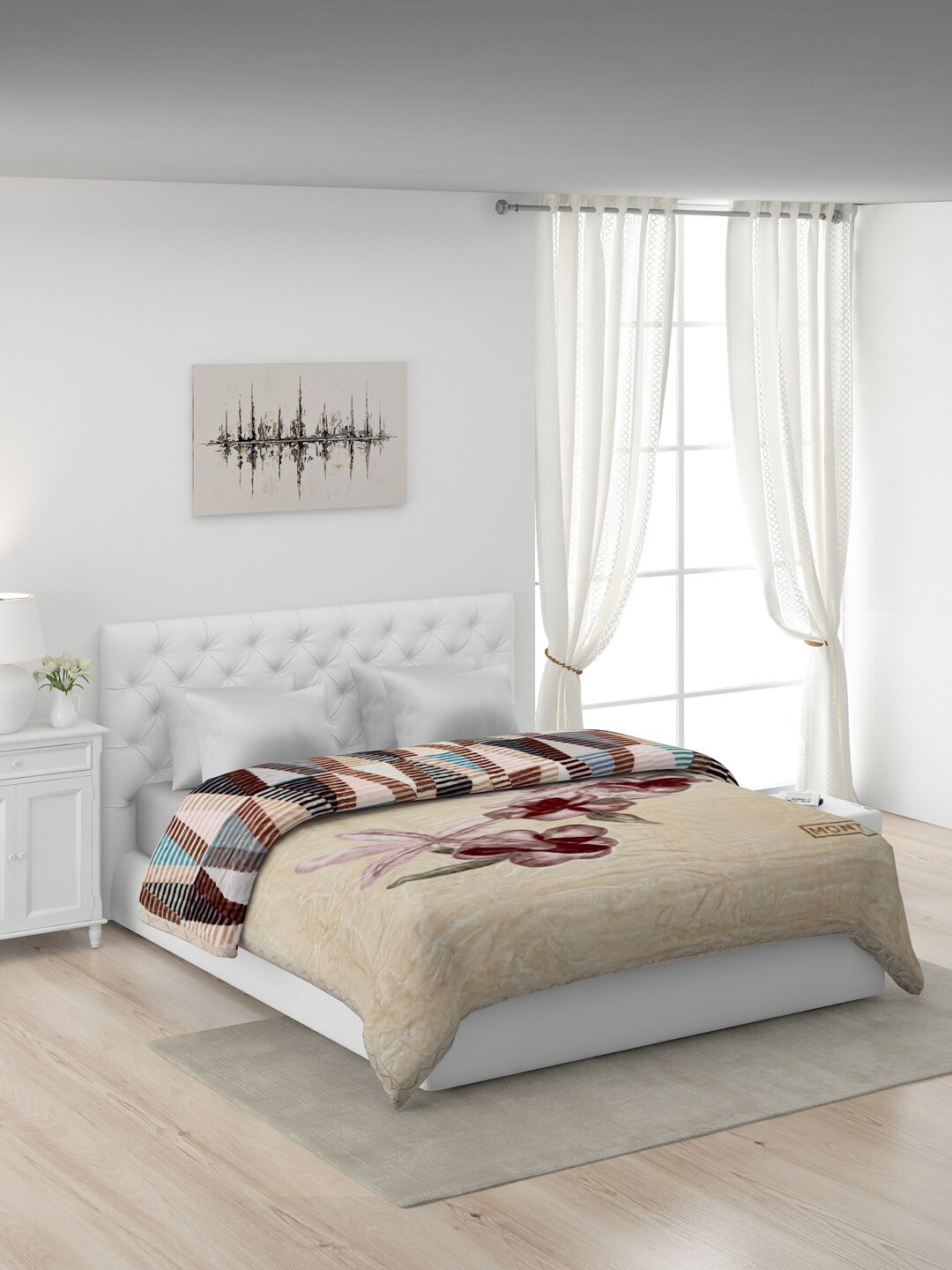 

Monte Carlo Cream and Blue Floral Polyester Heavy Winter 600 GSM Double Bed Mink Blanket