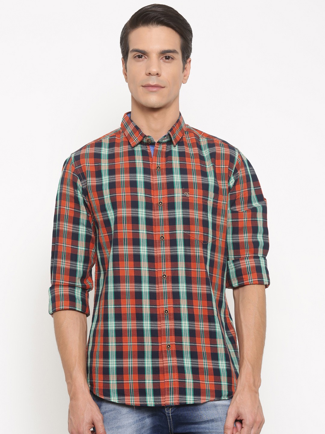 

The Indian Garage Co Men Orange & Navy Blue Slim Fit Checked Casual Shirt