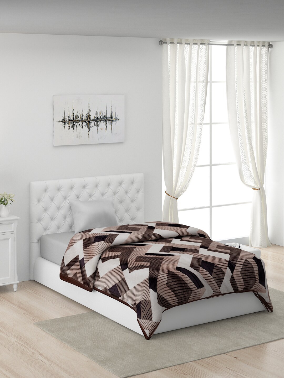 

Monte Carlo Brown & White Geometric AC Room Polyester 450 GSM Single Bed Mink Blanket