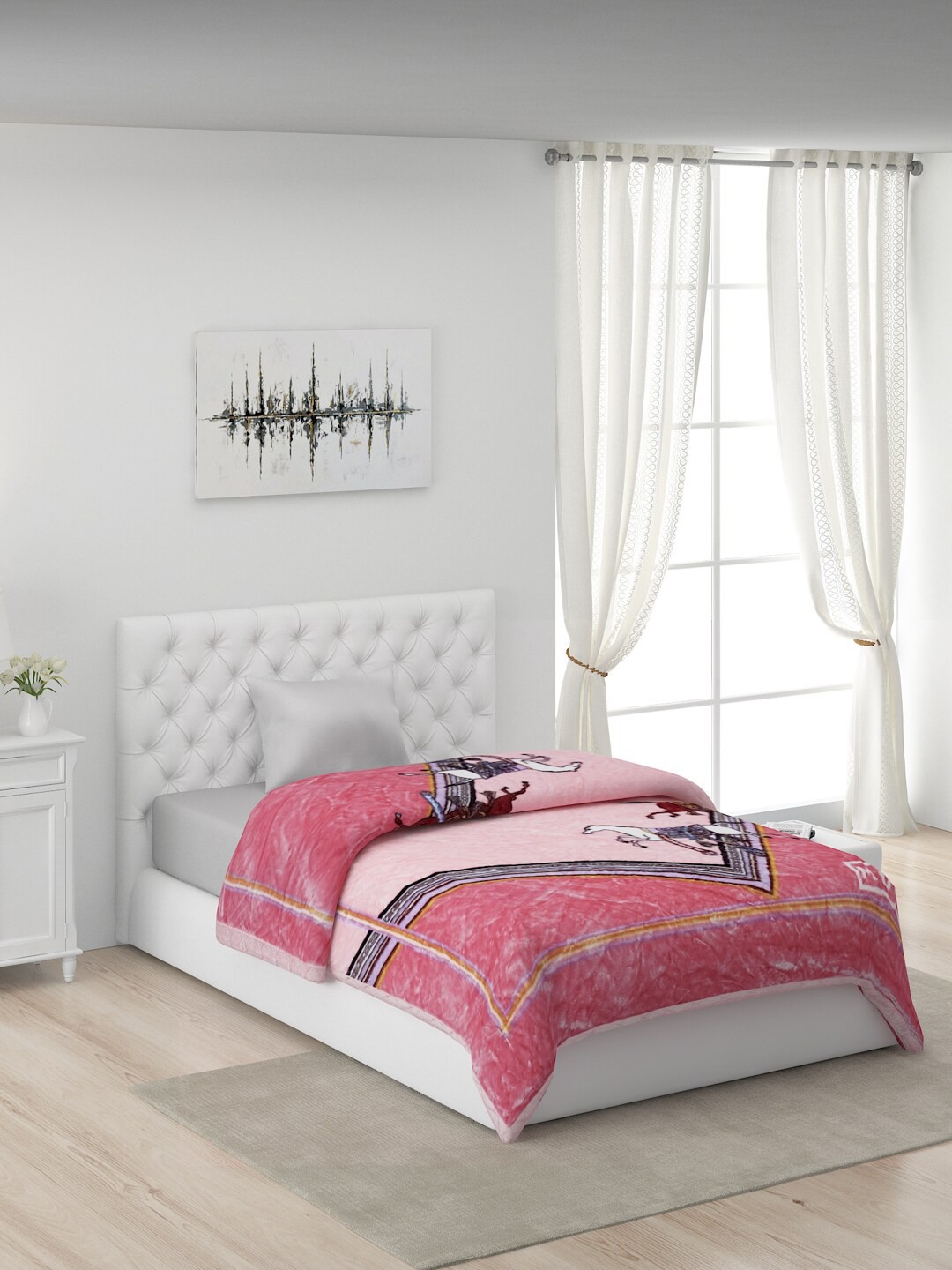 

Monte Carlo Pink & White Geometric AC Room Polyester 550 GSM Single Bed Mink Blanket