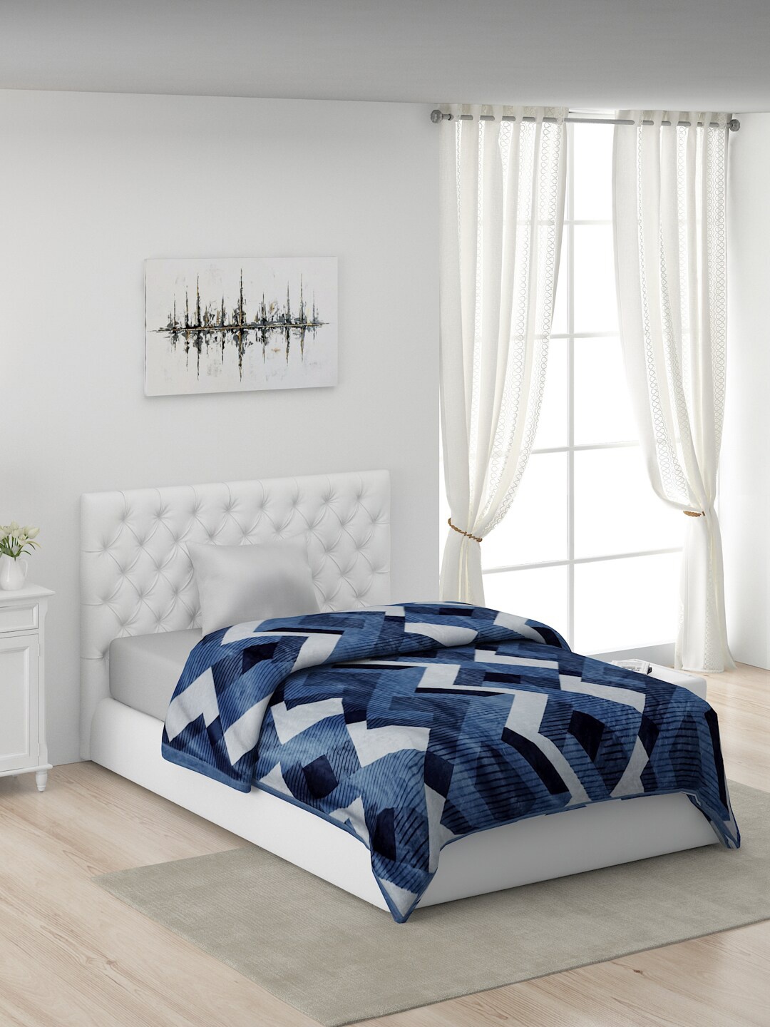 

Monte Carlo Blue & White Geometric AC Room 450 GSM Single Bed Blanket