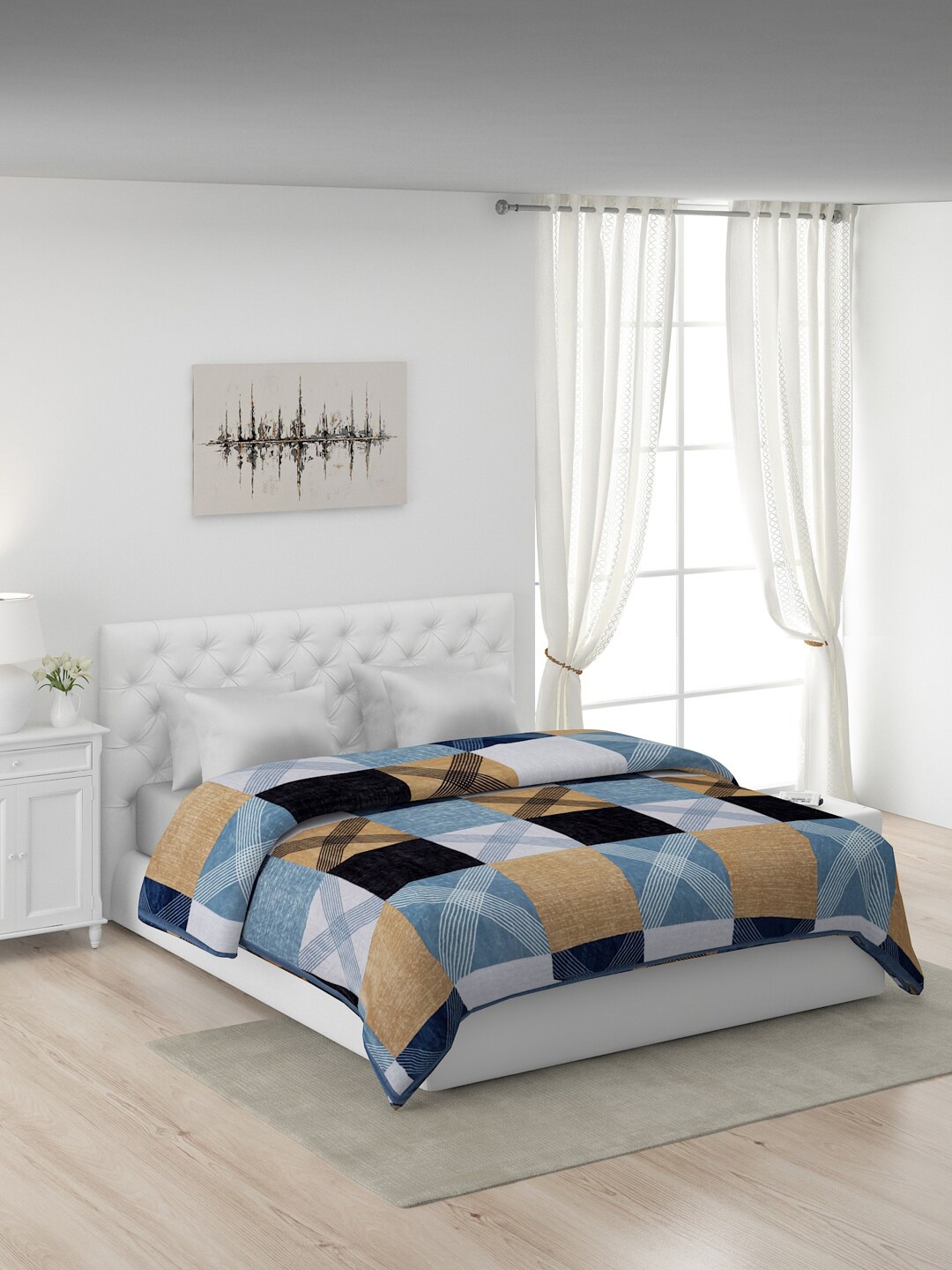 

Monte Carlo Blue & White Geometric AC Room 380 GSM Double Bed Blanket