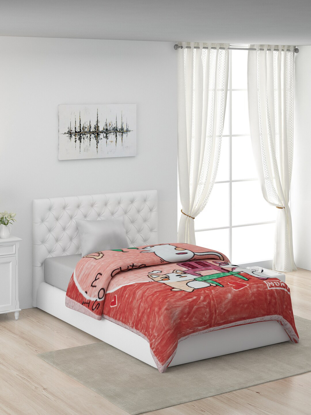 

Monte Carlo Peach-Coloured & White Cartoon Characters AC Room 600 GSM Single Bed Blanket