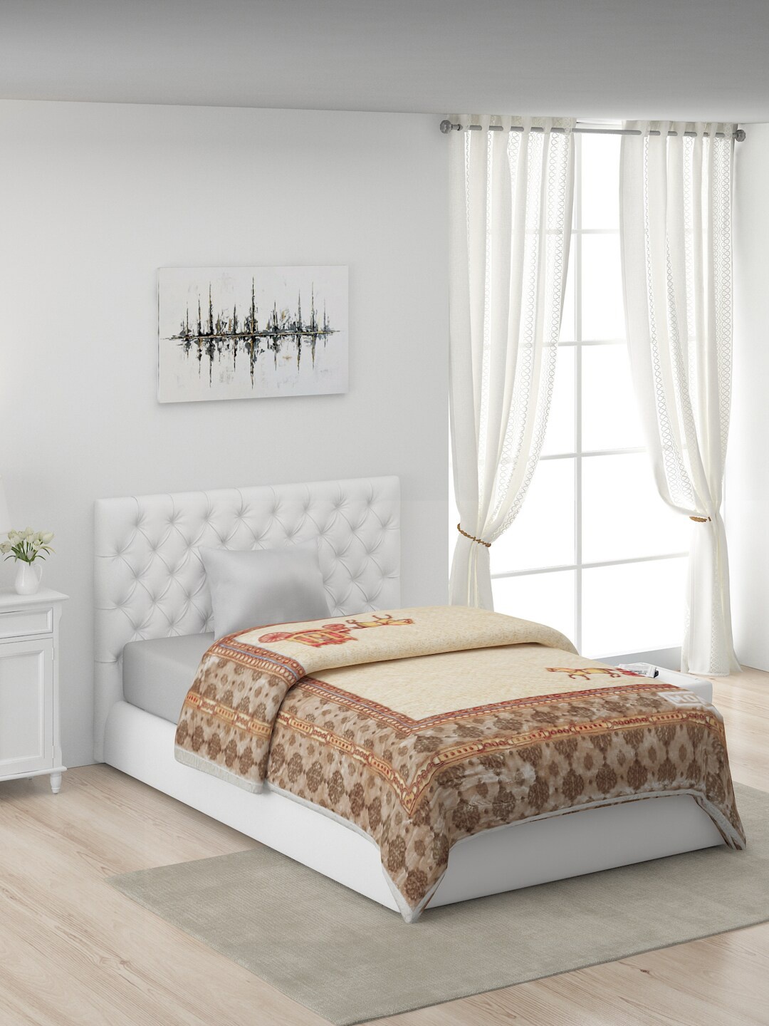 

Monte Carlo Beige & Pink Ethnic Motifs AC Room 550 GSM Single Bed Blanket