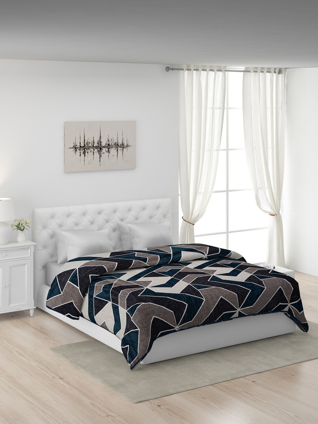 

Monte Carlo Grey & Green Geometric AC Room 380 GSM Double Bed Blanket