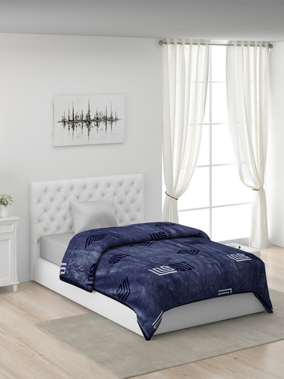

Monte Carlo Blue & Off White Geometric AC Room 450 GSM Single Bed Blanket