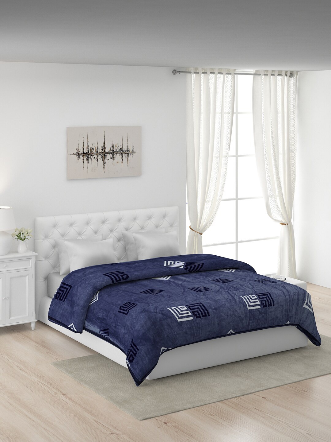 

Monte Carlo Blue & Off White Geometric AC Room 380 GSM Double Bed Blanket