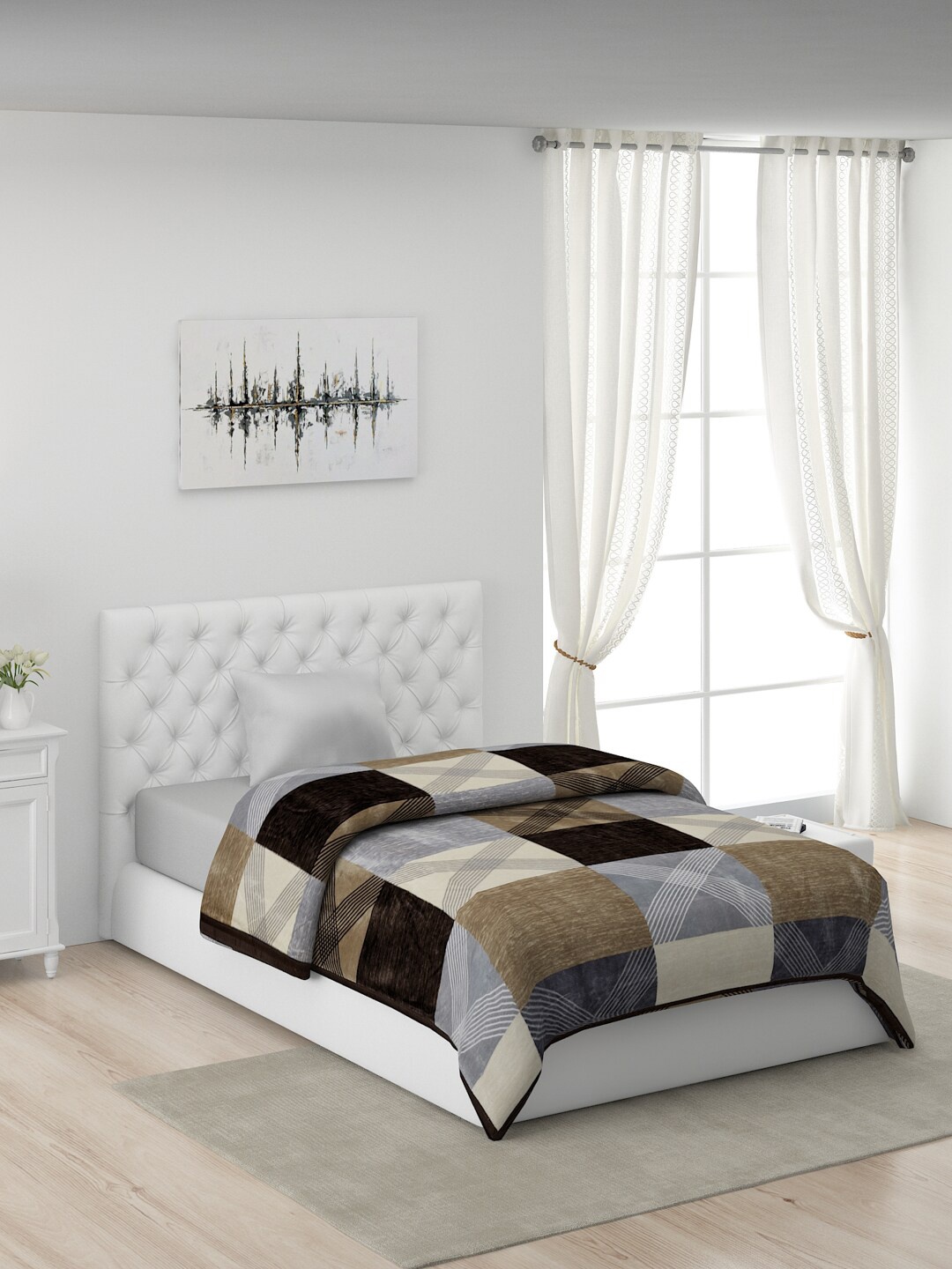 

Monte Carlo Grey & Coffee Brown Checked AC Room 450 GSM Single Bed Blanket