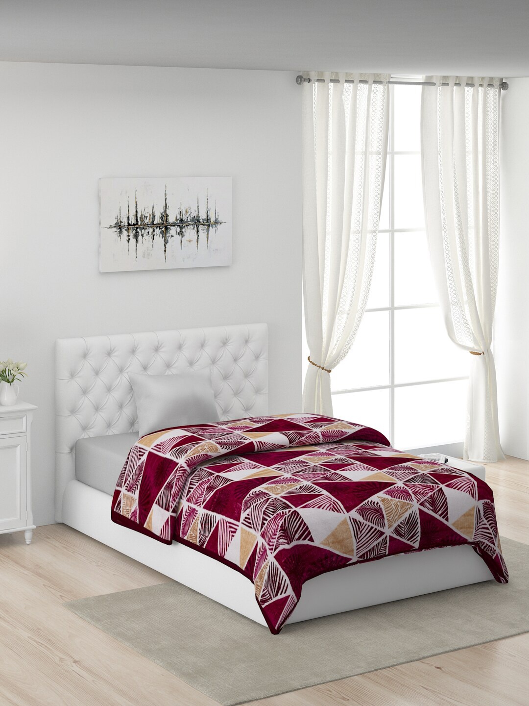 

Monte Carlo Maroon & White Geometric AC Room 450 GSM Single Bed Blanket