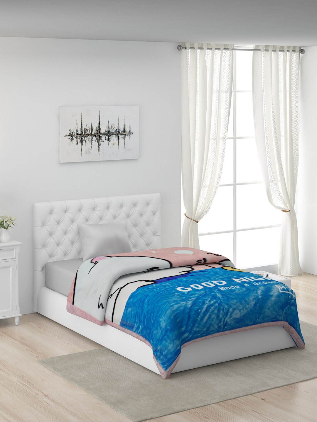 

Monte Carlo Peach-Coloured & Blue Cartoon Characters AC Room 600 GSM Single Bed Blanket
