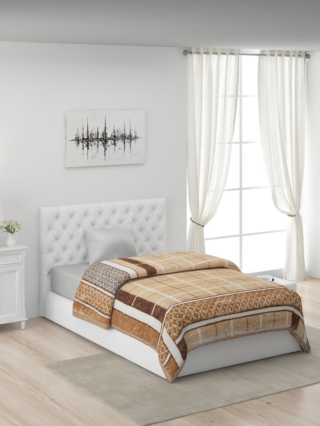 

Monte Carlo Beige & Blue Geometric AC Room 550 GSM Single Bed Blanket