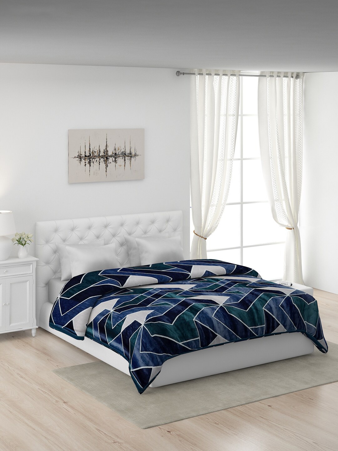 

Monte Carlo Blue & White Geometric AC Room 380 GSM Double Bed Blanket