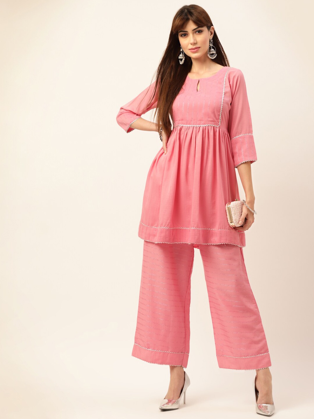 

Sangria Women Pink Yoke Design Pure Cotton Kurti with Palazzos
