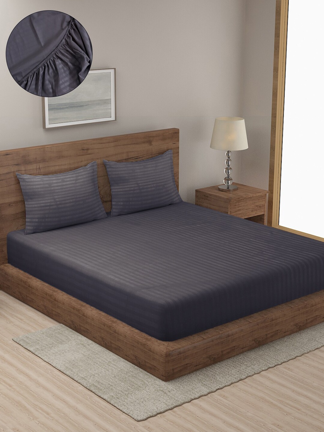 

SOKNACK Grey Striped 300 TC Queen Bedsheet with 2 Pillow Covers
