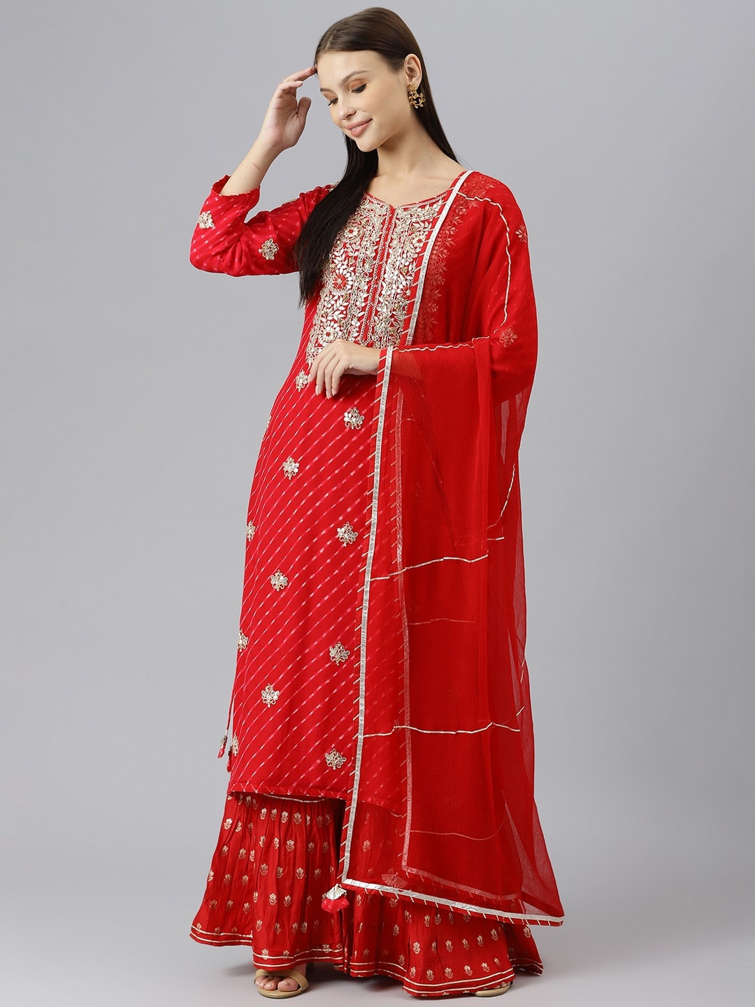 

Divena Women Plus size Leheriya Printed Thread Work Silk Georgette Kurta set, Red