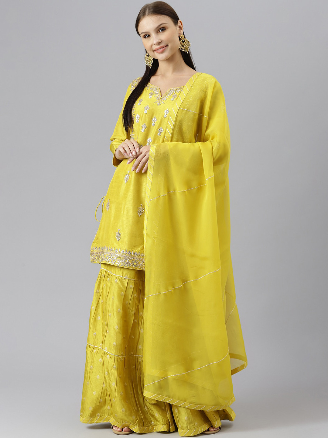 

Divena Women Floral Embroidered Zardozi Chanderi Silk Kurta with Sharara & With Dupatta, Yellow