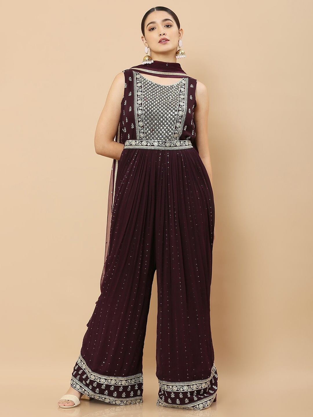 

Soch Maroon & Silver-Toned Embroidered Basic Jumpsuit