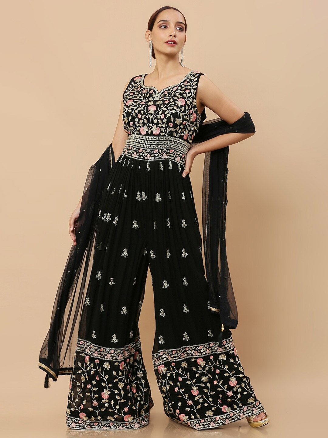 

Soch Black & Silver-Toned Embroidered Basic Jumpsuit With Dupatta