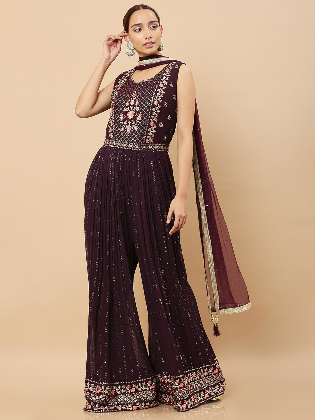 

Soch Women Maroon & Pink Embroidered Basic Jumpsuit with Dupatta