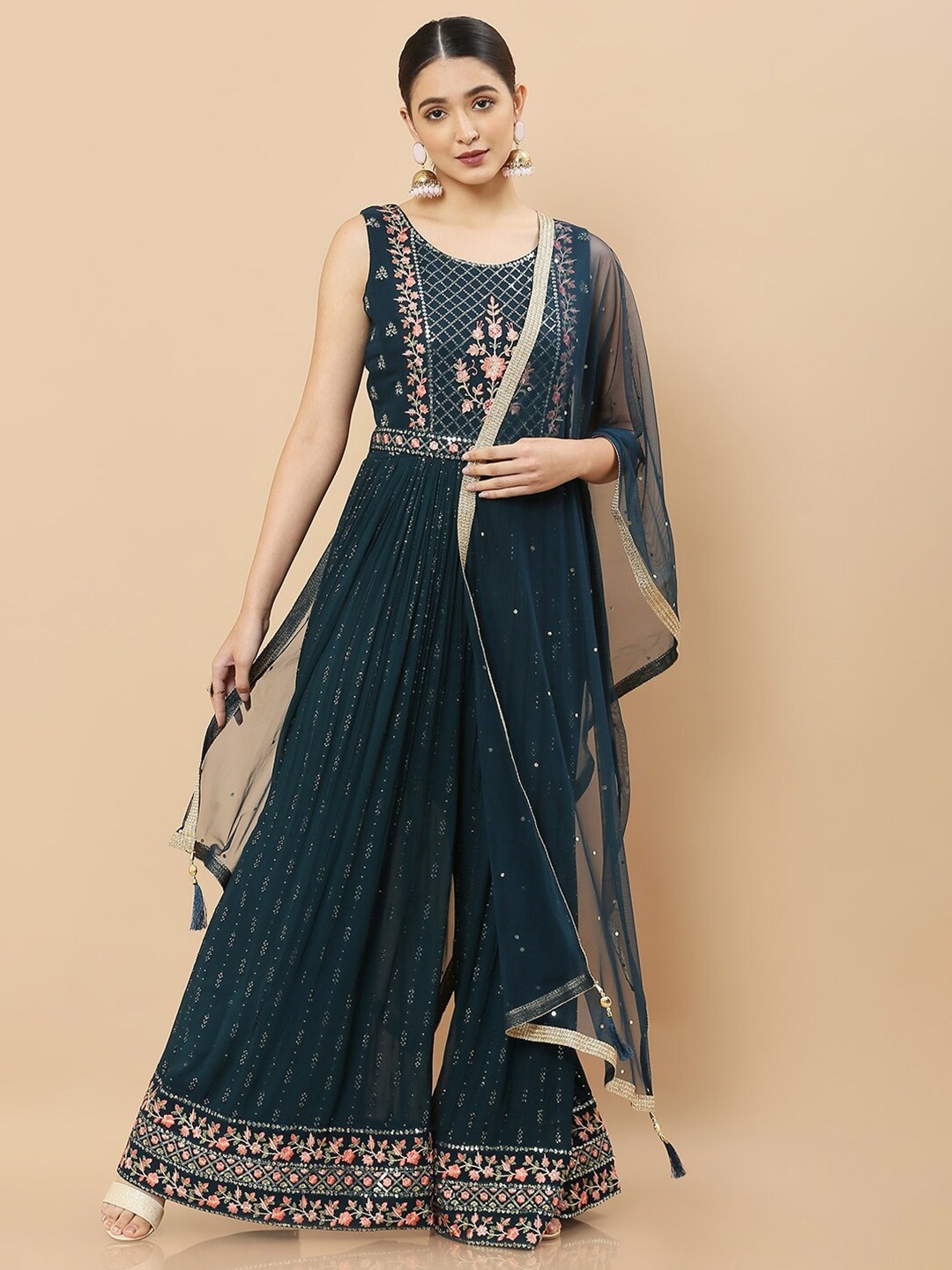 

Soch Women Teal & Pink Printed Basic Jumpsuit With Embroidered & Dupatta