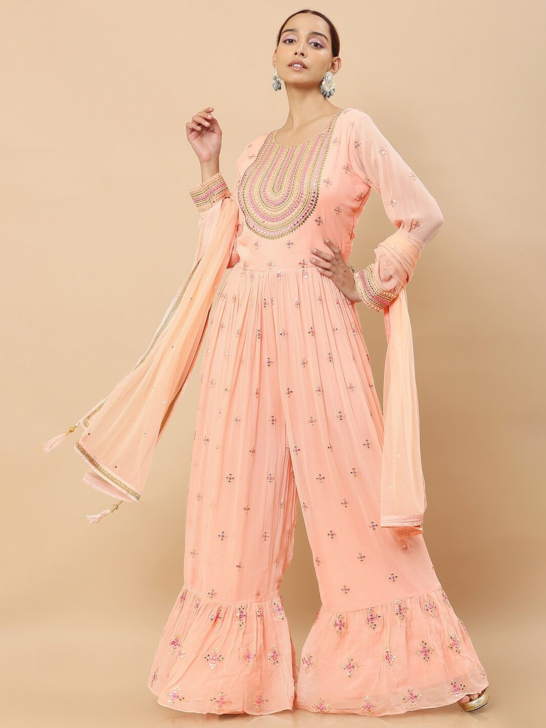

Soch Women Peach-Coloured & Pink Printed Basic Jumpsuit with Embroidered