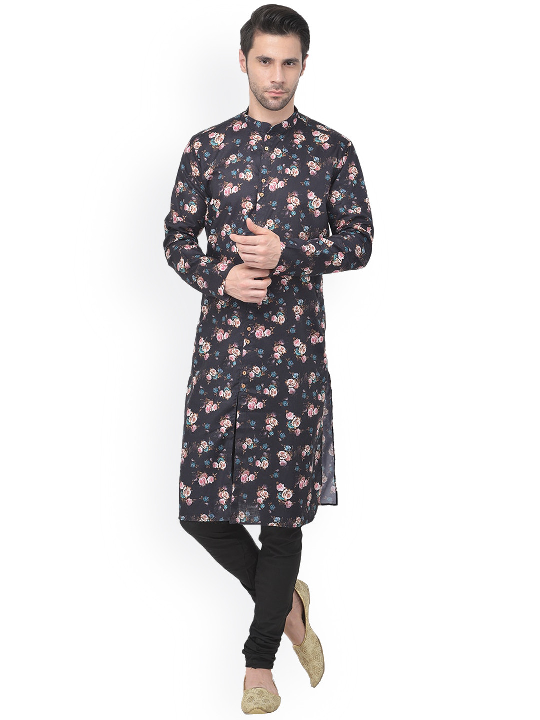 

TABARD Men Floral Printed Pure Cotton Kurta with Churidar, Black