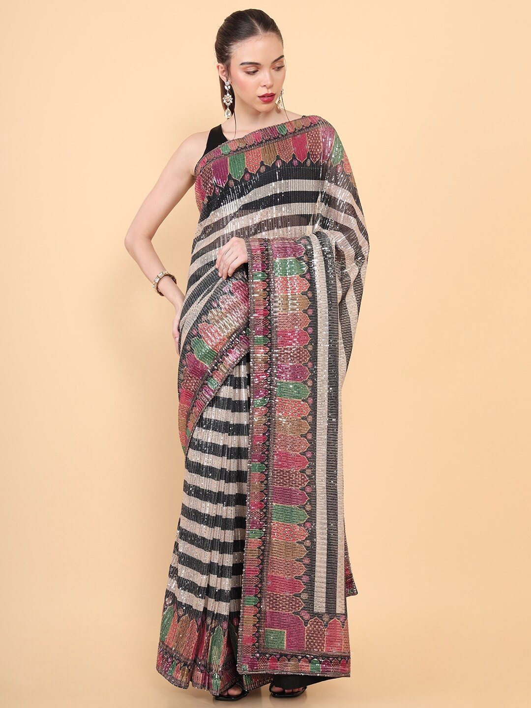 

Soch Pink & Gold-Toned Embellished Sequinned Net Saree