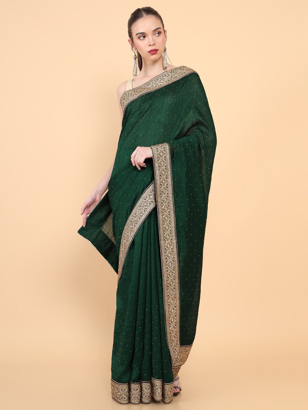 

Soch Green & Gold-Toned Beads and Stones Silk Blend Tussar Saree