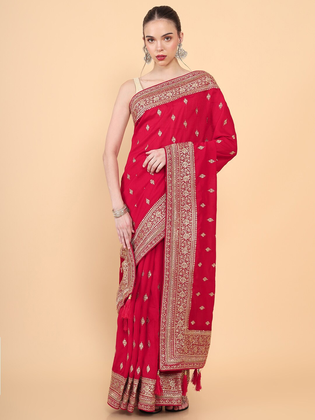 

Soch Red & Gold-Toned Embellished Beads and Stones Silk Blend Tussar Saree