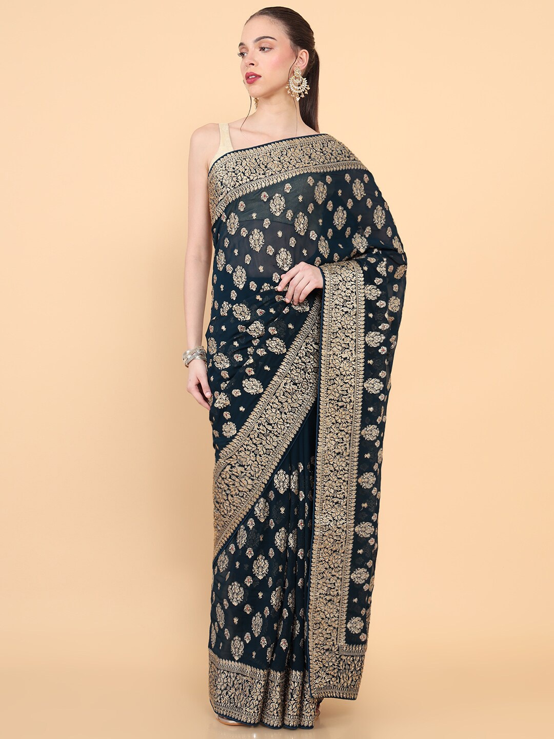 

Soch Teal & Gold-Toned Floral Beads and Stones Pure Georgette Saree