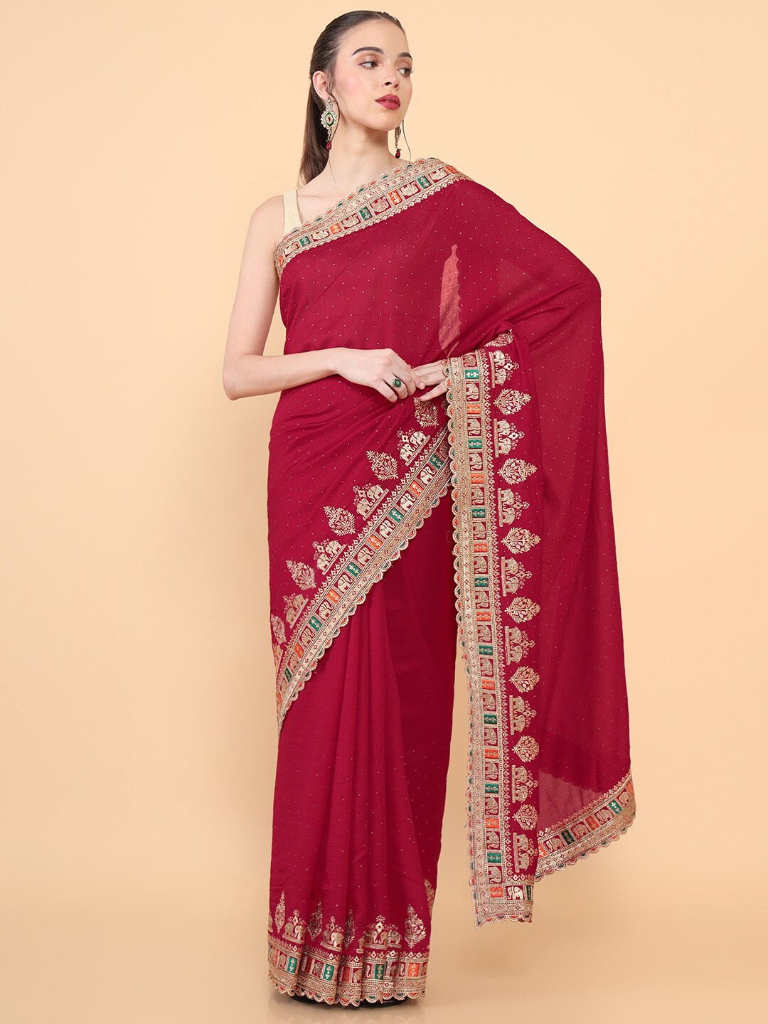 

Soch Red & Gold-Toned Embroidered Silk Blend Tussar Saree