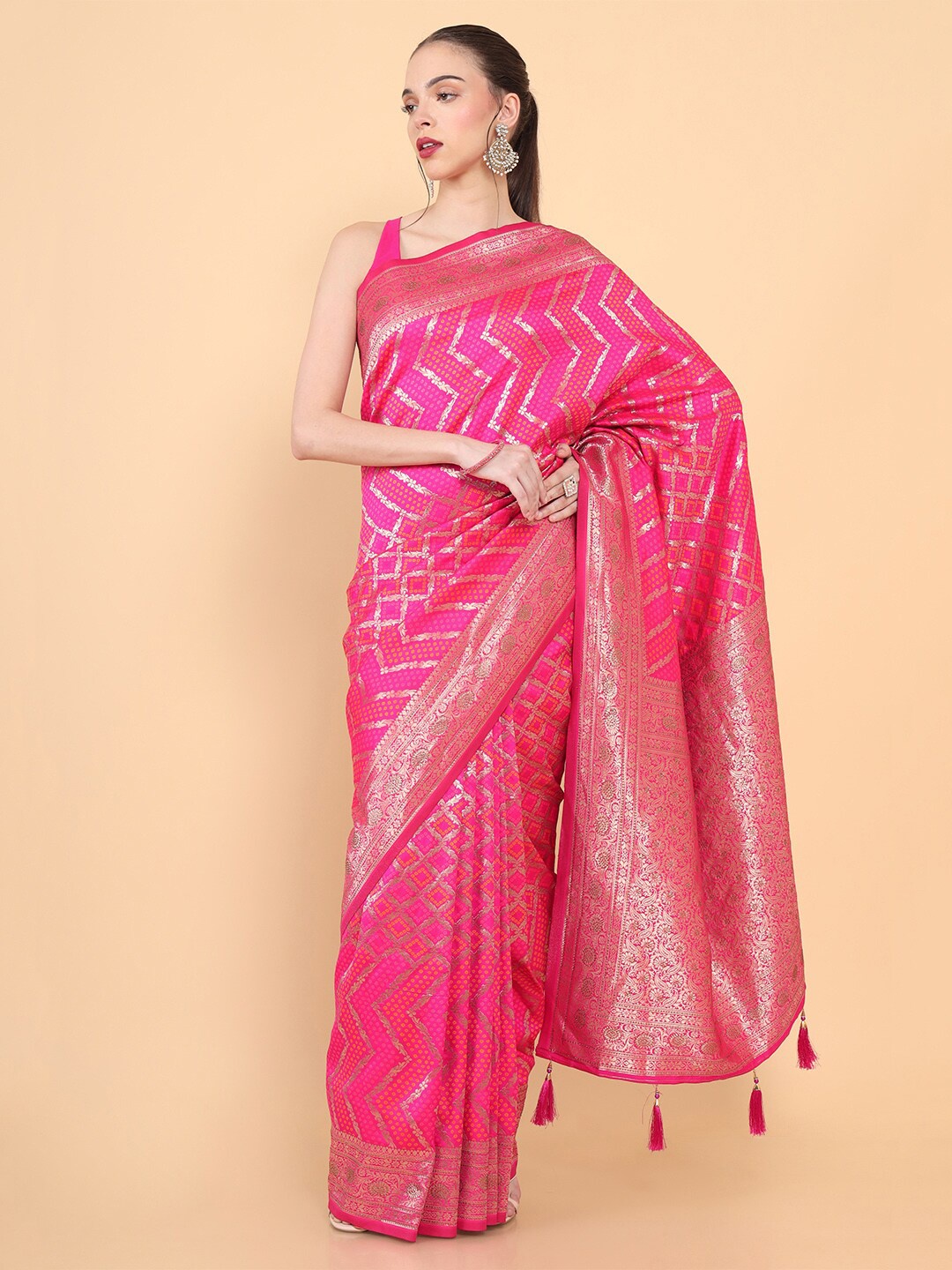 

Soch Fuchsia & Gold-Toned Floral Zari Silk Blend Tussar Saree
